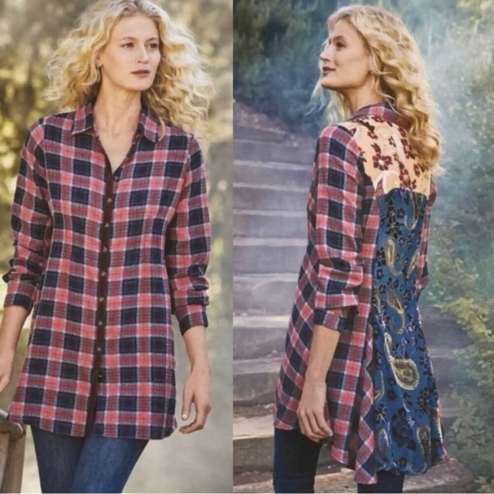 Soft Surroundings Kensington Velvet Floral Button Front Plaid Flannel medium